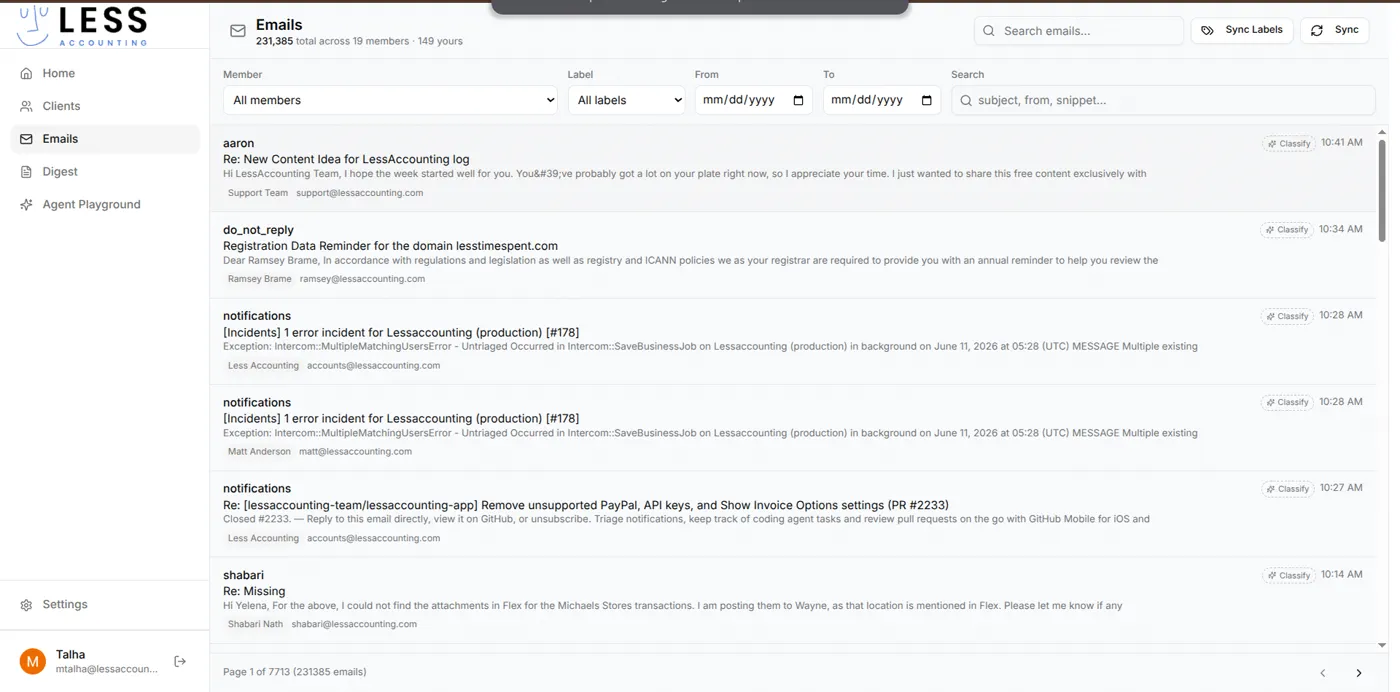 Org-wide email inbox with AI-applied labels and per-message member visibility