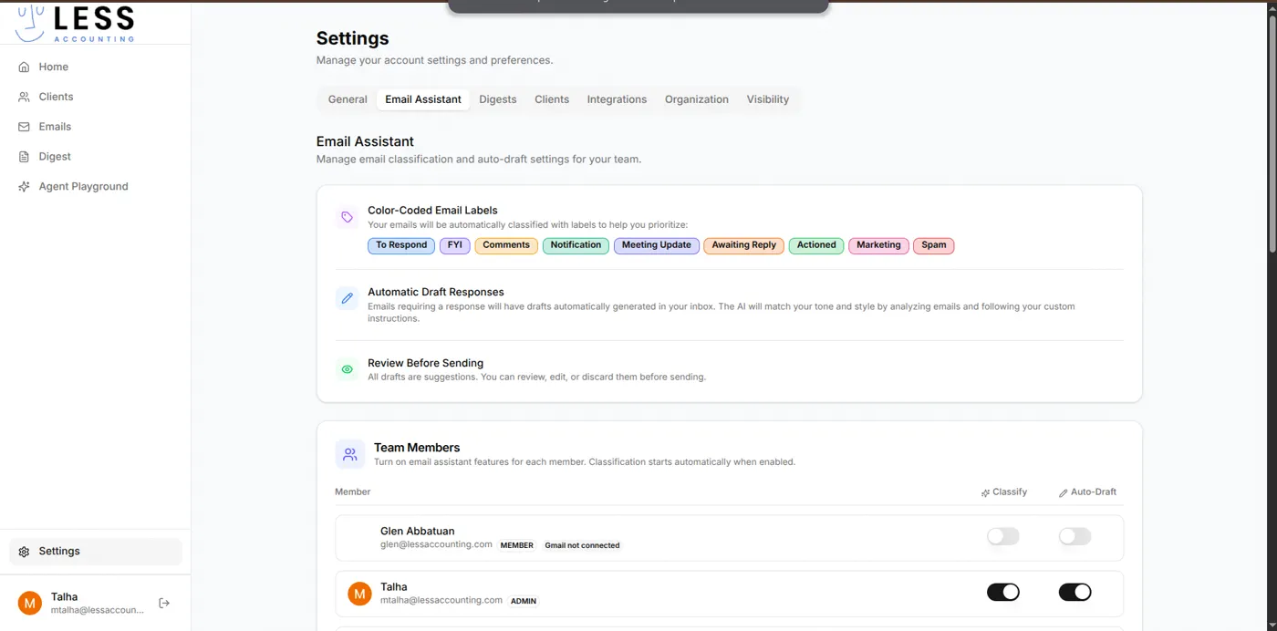 Email Assistant settings: color-coded label palette and per-team-member Classify and Auto-Draft toggles