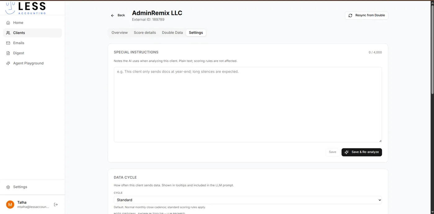Per-client special instructions that the AI uses as context when analysing that client