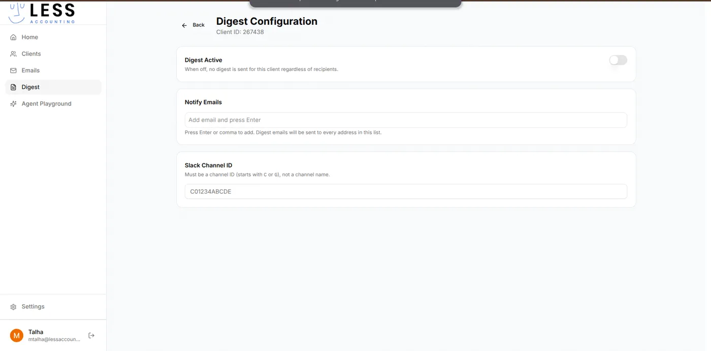Digest configuration for one client: notify-email list, Slack channel ID, and active toggle